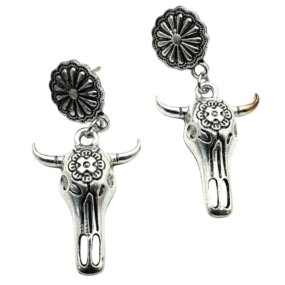Western Style Silver Tone Bull Head Chandelier Pierced Earrings 2.5"